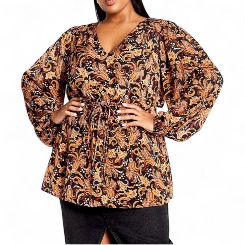 City Chic Women's Plus Size Aubree Print Shirt Size XL US 22 Black Gold Paisley